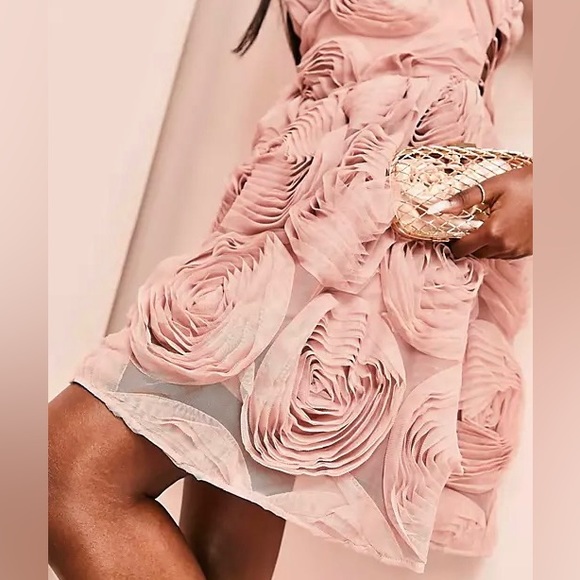 NWOT ASOS LUXE bandeau corsetted 3 D floral mini skater dress in pink - Picture 8 of 9